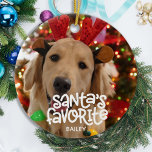 Santa's Favourite Fun Pet Christmas Puppy Dog Phot Ceramic Ornament<br><div class="desc">Santa's Favourite! Because of course the dog is santa's favourite! Decorate your tree or send a special gift with this super cute personalised custom pet photo holiday ornament. Add your puppy dog photo and personalise with name and year. Ornament is double sided, you can do different photos each side. COPYRIGHT...</div>