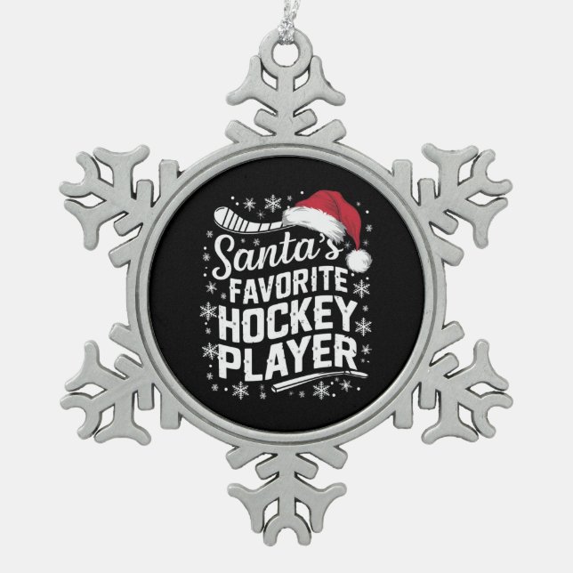 Santa's Favourite Hockey Player Pajama Christmas  Snowflake Pewter Christmas Ornament (Front)