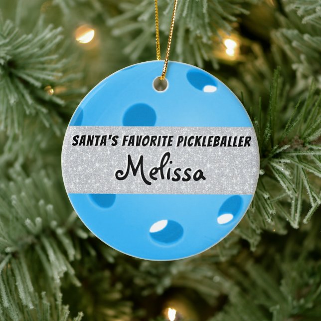 Santa's Favourite Pickleballer Blue Pickleball  Ceramic Ornament (Tree)