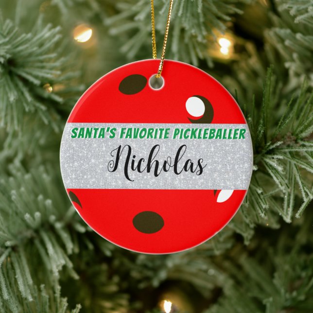 Santa's Favourite Pickleballer Red Pickleball Ceramic Ornament (Tree)