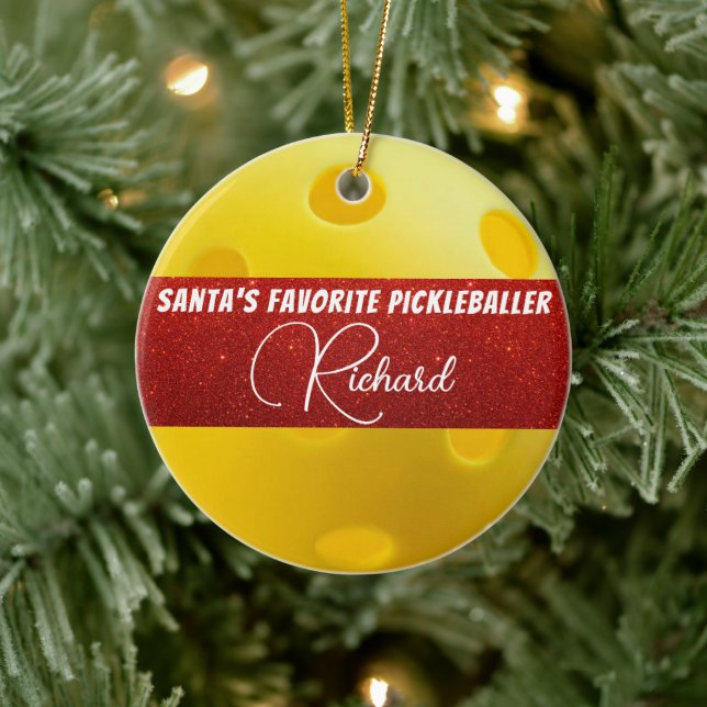Santa's Favourite Pickleballer Yellow Pickleball Ceramic Ornament (Tree)