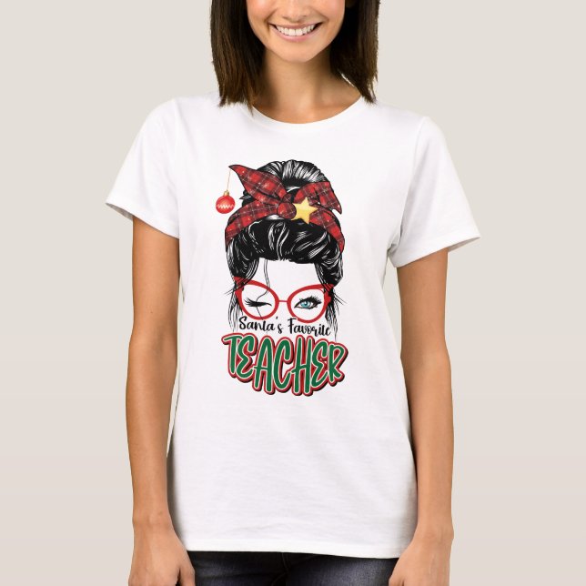 Santa's Favourite Teacher Christmas Groovy White T-Shirt (Front)