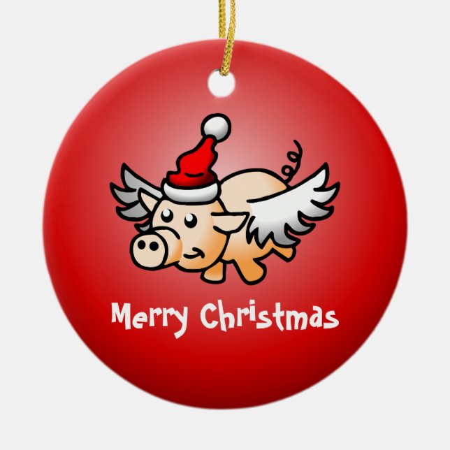 Santa's Flying Christmas Pig Ceramic Ornament (Front)