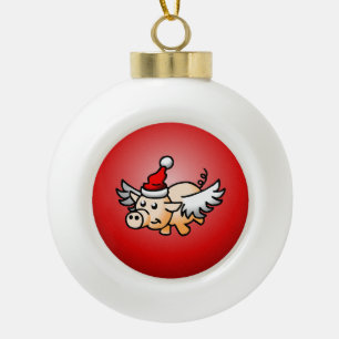Santa's Flying Pig Ceramic Ball Christmas Ornament