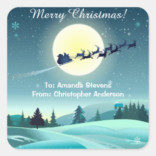 Santa's Flying Reindeer Sleigh Square Sticker