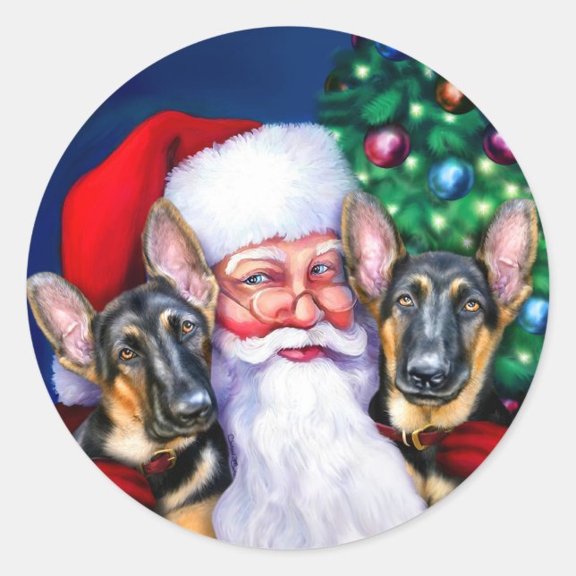 Santa's German Sheperd Dogs Classic Round Sticker (Front)