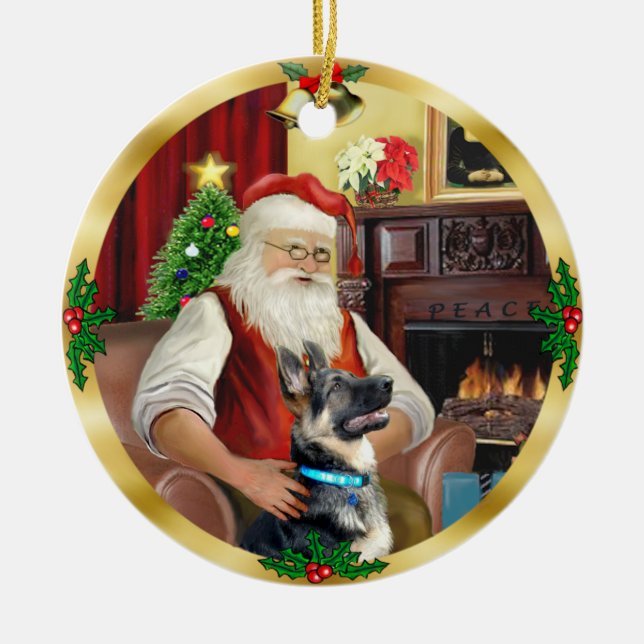 Santa's German Shepherd #15 Ceramic Ornament (Front)