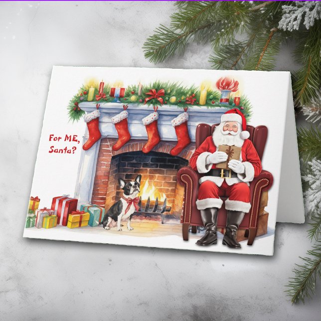 Santa's Gift Boston Terrier Dog Holiday Card (Creator Uploaded)