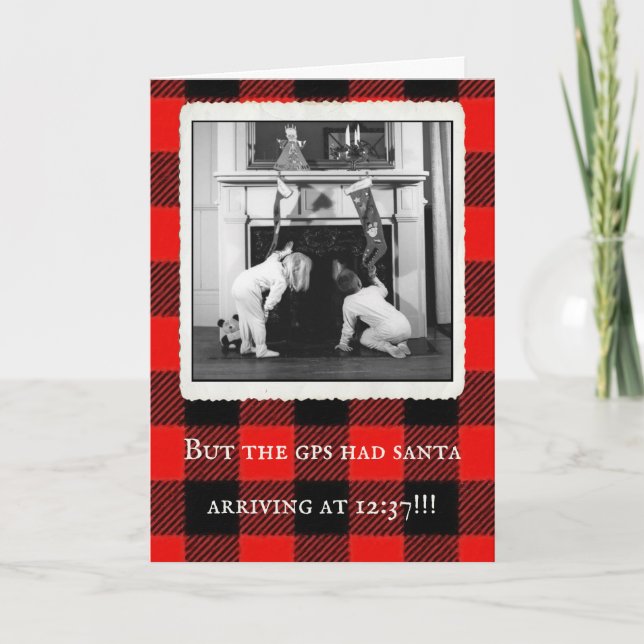 "Santa's GPS" Vintage Plaid Christmas Card (Front)