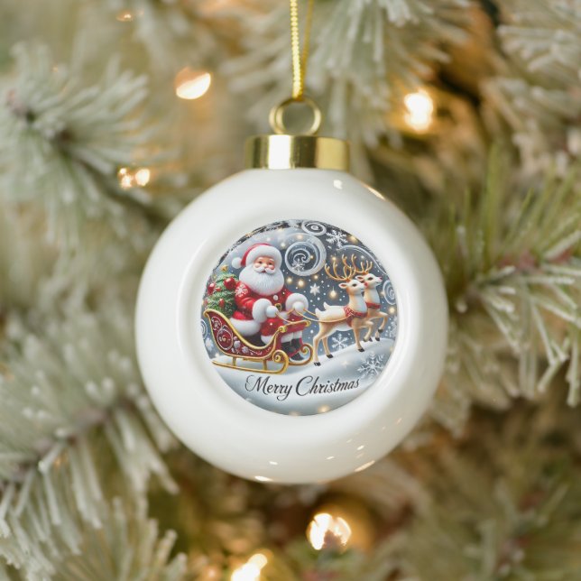 Santa's Grand Sleigh Ride" - Classic Christmas Ceramic Ball Christmas Ornament (Tree)