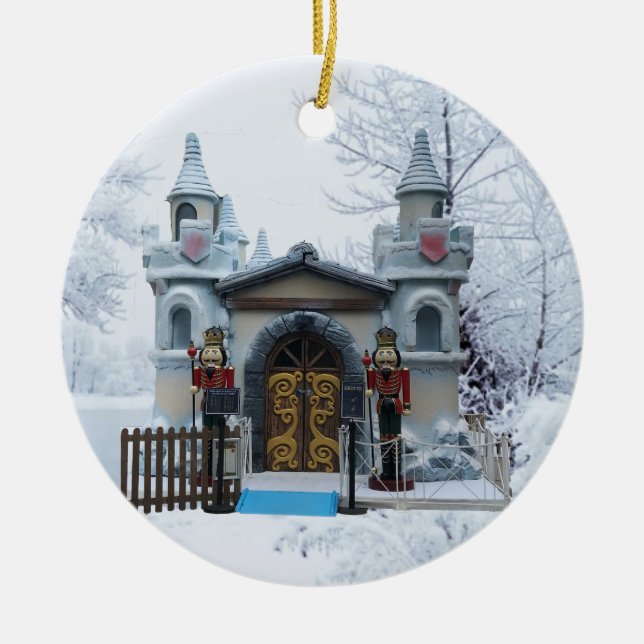 Santas Grotto with Nutcracker Guards in Winter Ceramic Ornament (Front)