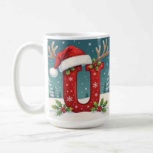 Santa's hat Monogrogram initial U merry Christmas  Coffee Mug (Left)