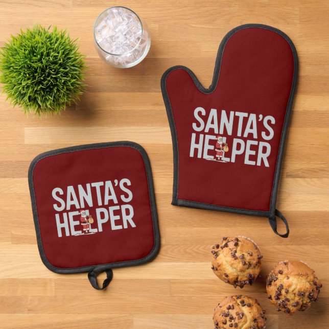 Santa's Helper Christmas Oven Mitt & Pot Holder Set (Top Down)