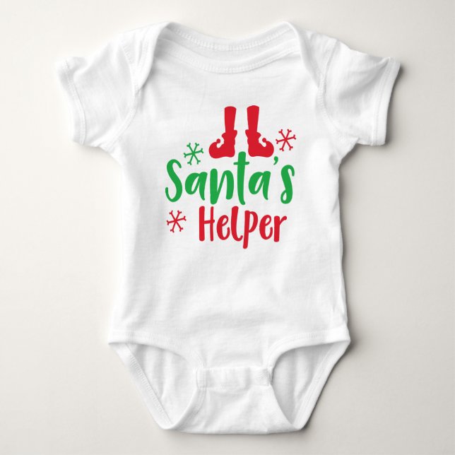Santa's Helper, Elf Shoes, Snowflakes, Christmas Baby Bodysuit (Front)