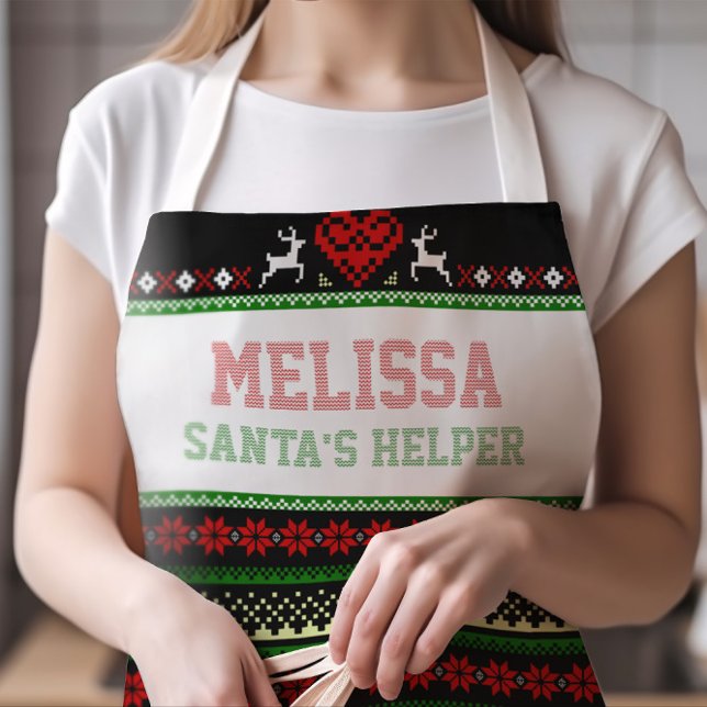 Santa's Helper Ugly Christmas Sweater MEDIUM Apron (Cute Santa's Helper Ugly Sweater Apron with Any Name in Faux Stitched Typography | SIZE MEDIUM)