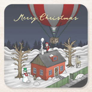 Santa's Hot Air Balloon Square Paper Coaster