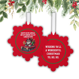 Santa's in his Cadillac and he's making his list Tree Decoration Card