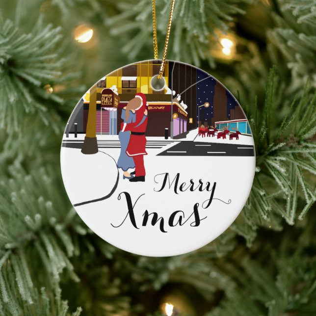 Santa's Kiss On Broadway Christmas Christmas Ornam Ceramic Ornament (Tree)