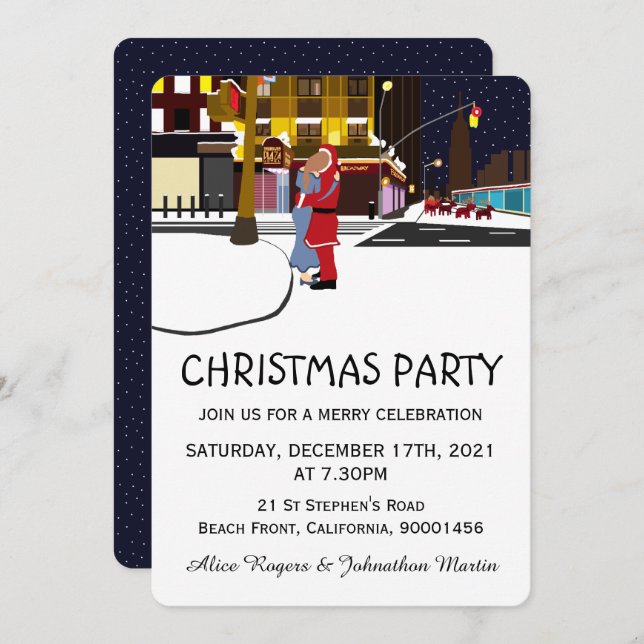 Santa's Kiss On Broadway Christmas Invitation (Front/Back)