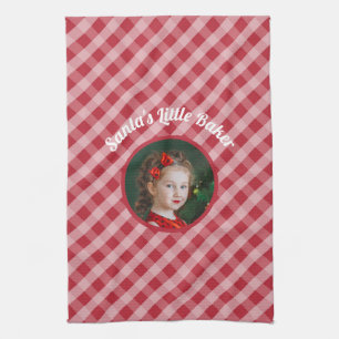 Santa's Little Baker kids gingham christmas photo Tea Towel