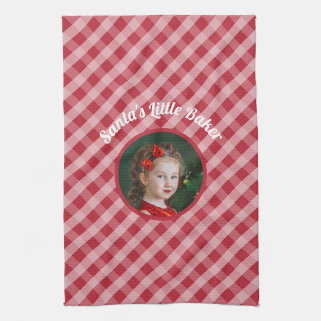 Santa's Little Baker kids gingham christmas photo Tea Towel (Vertical)