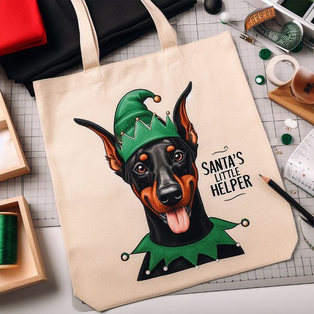 Santa's Little Helper Christmas Dobermann Dog ELF Tote Bag (Creator Uploaded)