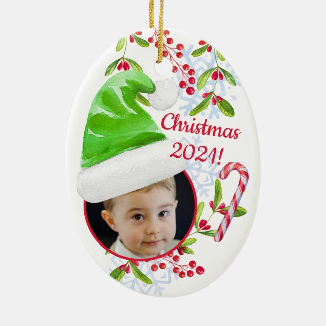 Santa's Little Helper Elf Hat Photo Christmas Xmas Ceramic Ornament (Back)