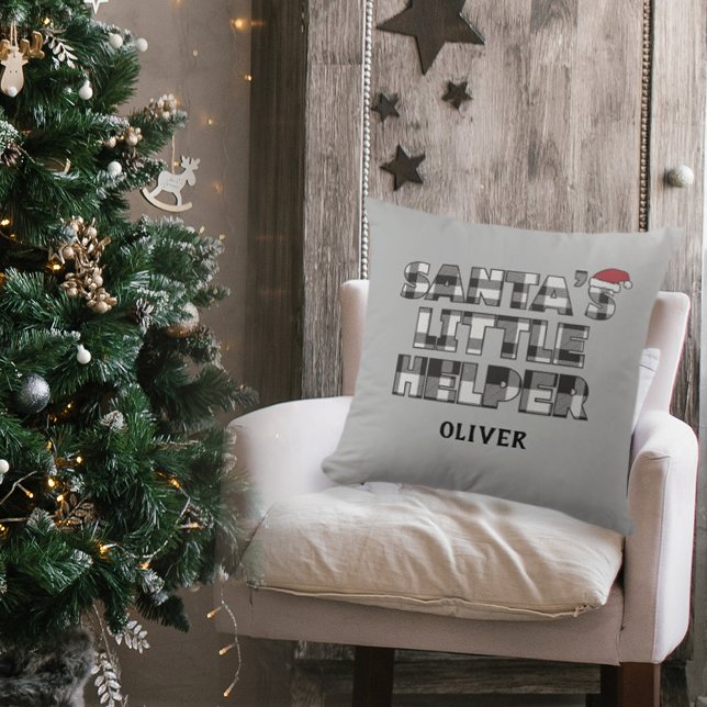 Santa's little helper Personalized  Cushion (santa's little helper Christmas personalized square pillow. black and white plaid check design)