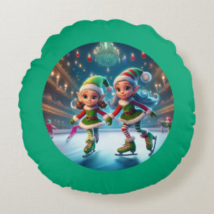 Santa's Little Helpers Are Ice Skating Indoors Round Cushion