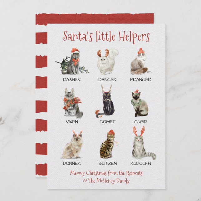 Santa's little helpers Cat Reindeer names Holiday Card (Front/Back)
