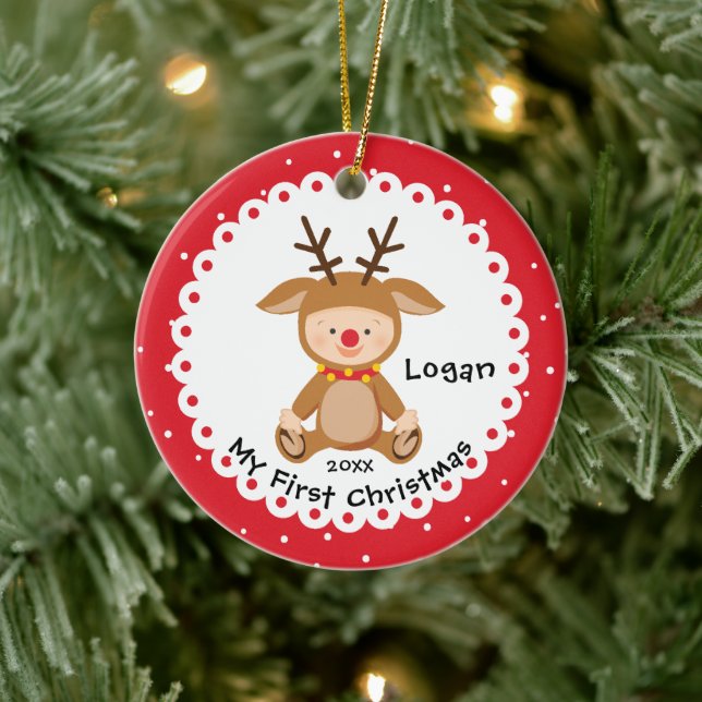 Santa's Little Reindeer Baby's First Christmas Ceramic Ornament (Tree)