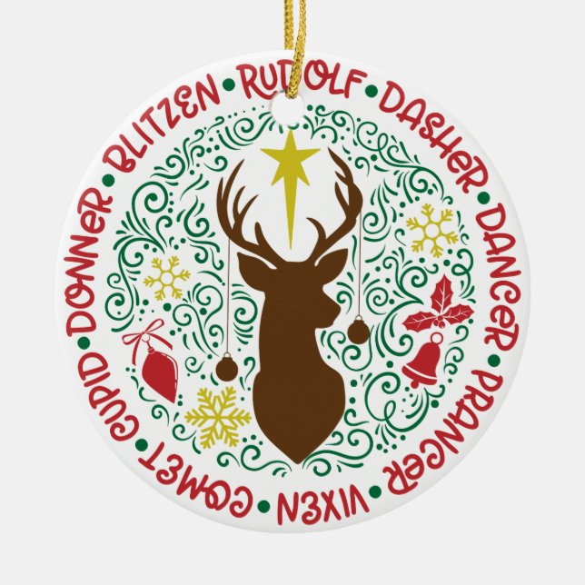 Santa's Magical Flying Reindeer Names | Christmas Ceramic Ornament (Front)