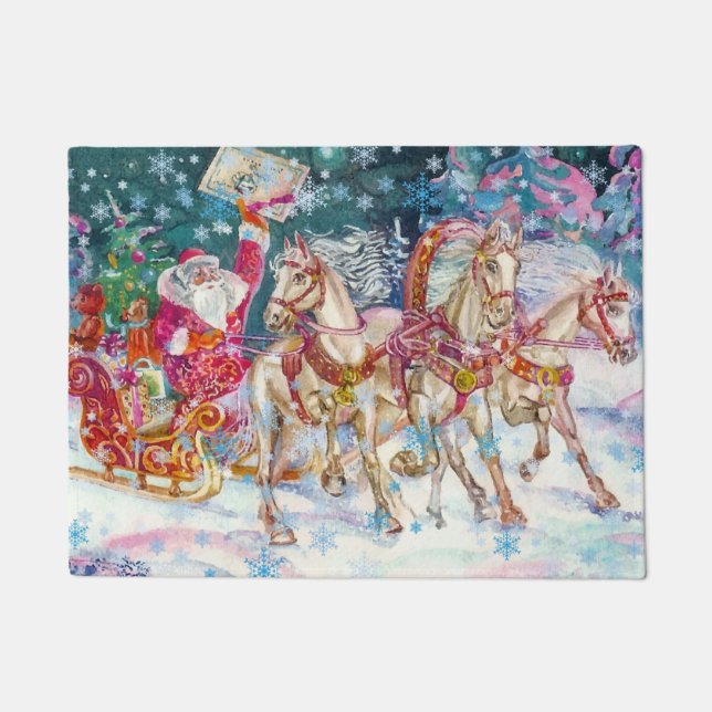 Santa's Magical Horse Sleigh Snow Christmas Night  Doormat (Front)