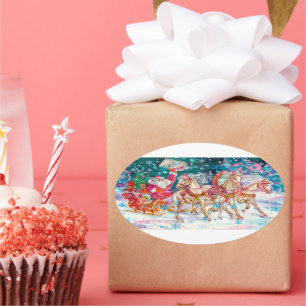 Santa's Magical Horse Sleigh Snow Christmas Night  Oval Sticker