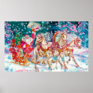 Santa's Magical Horse Sleigh Snow Christmas Night Poster