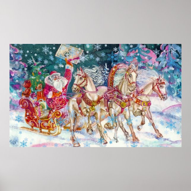 Santa's Magical Horse Sleigh Snow Christmas Night  Poster (Front)