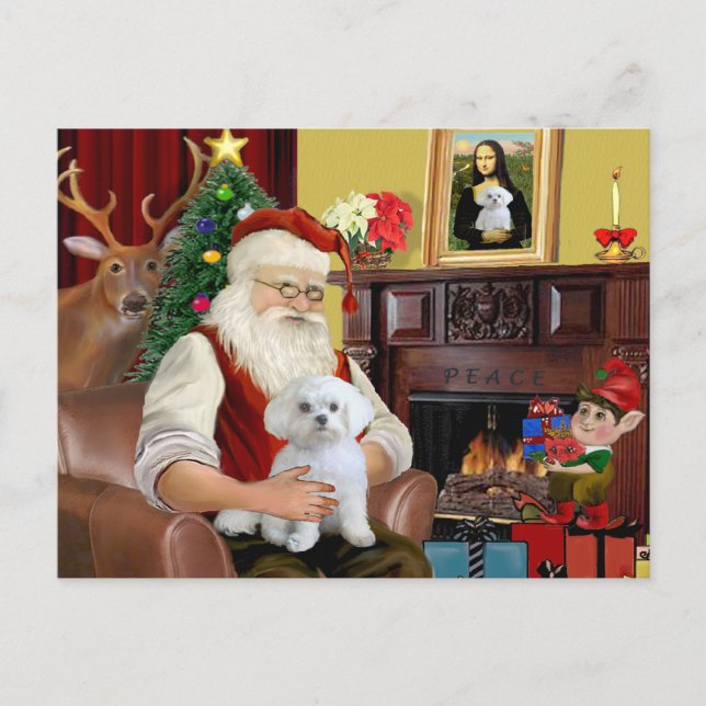 Santa's Maltese (R) Holiday Postcard (Front)