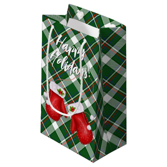 Santas Mittens On Red Green Plaid Pattern  Small Gift Bag (Front Angled)