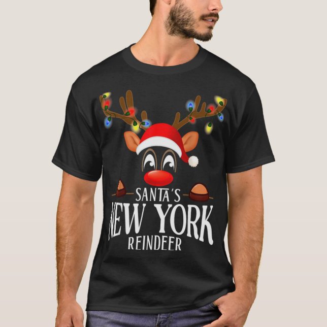 Santas New York Reindeer Funny Xmas Matching Pjs  T-Shirt (Front)