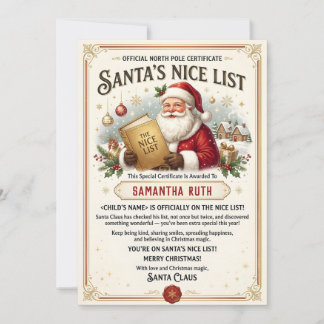 Santa's Nice List Certificate Kids Christmas Card