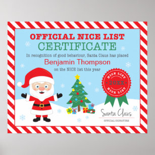 Santa's Nice List Certificate Personalised Poster