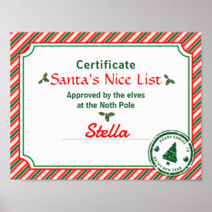 Santa's Nice List Certificate Red Green Candy Cane Poster