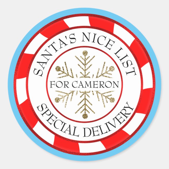 Santa's Nice List Custom Name Christmas Classic Round Sticker (Front)