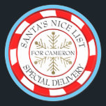Santa's Nice List Custom Name Christmas Classic Round Sticker<br><div class="desc">This festive custom sticker label features a colourful Christmas theme. The sticker features a Santa's Nice List seal over a bright blue background. The frame of the seal features a red and white striped peppermint candy cane pattern. A Special Delivery notice is printed in the bottom portion. The centre features...</div>