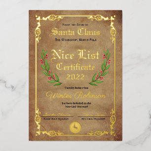 Santa's Nice List Foil Certificate 