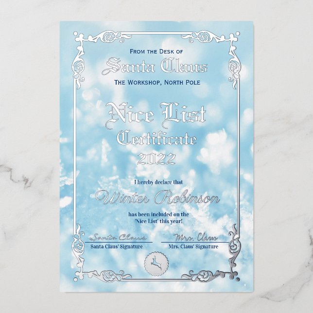Santa's Nice List Foil Certificate  Foil Invitatio (Front)