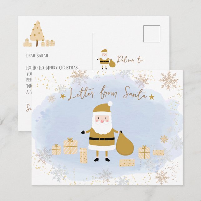 Santa's Nice List for Kids, Gold Santa Presents Holiday Postcard (Front/Back)