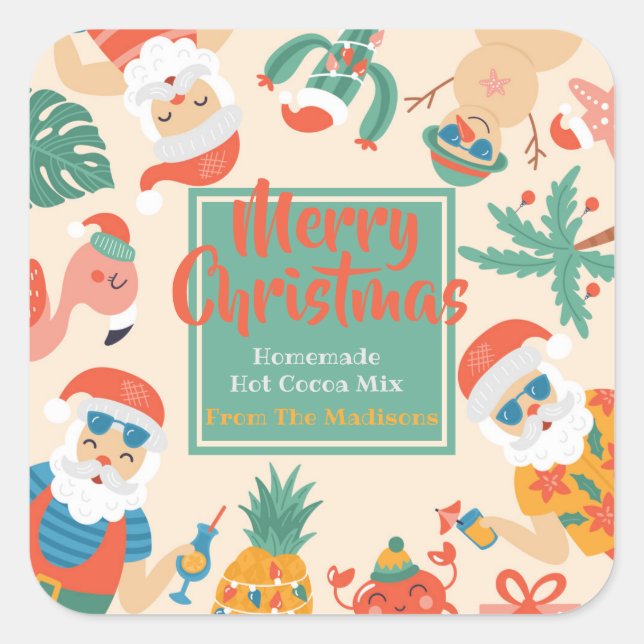 Santas on the Beach Hot Cocoa Square Sticker (Front)