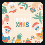 Santas on the Beach Square Sticker<br><div class="desc">Merry Christmas! The nontraditional holiday beach theme will separate you from the rest! The design features different tropical Santa Clauses and cute cartoon characters with multicolor handwritten font. Decorate your holiday mail or treats with these adorable stickers.</div>