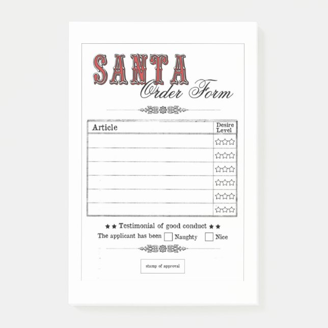 Santa's Order Form White Post-It Note Sticky Note (Front)